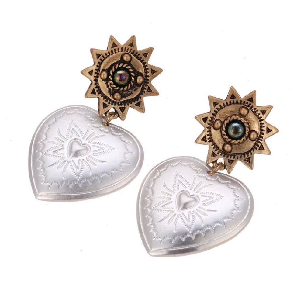 Sun Star & Heart Drop Earrings NWT Two Tone